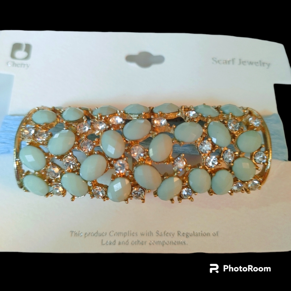 Gold, Green & Crystal Rhinestone Scarf Slide